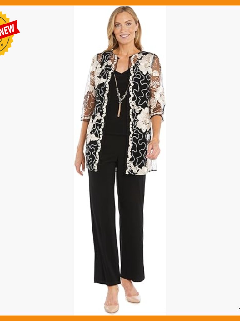 Sequin Soutache Cardigan Pantsuit Set With Necklace - Formal Wear